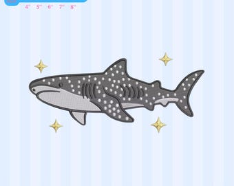 Diseño de bordado de tiburón ballena, archivo digital del océano celestial, patrón de tiburón ballena con estrellas, descarga instantánea de arte marino (PES, DST, Emb, JEF)