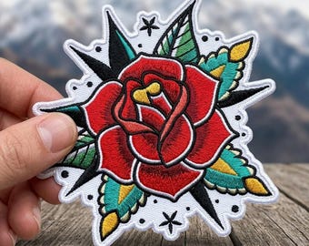 Traditional Rose Tattoo Patch, Old School Red Rose Embroidery Iron On, Rockabilly Star Badge, Vintage Floral Applique, Edgy Clothing Decor