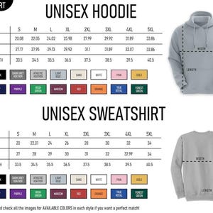 May include: Size chart for unisex hoodies and sweatshirts, including measurements for width, length, and sleeve length in inches. Available colors are listed below the size chart, including black, navy, and purple.