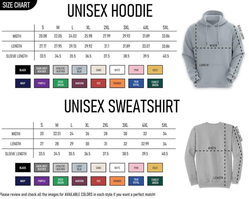 May include: Size chart for unisex hoodies and sweatshirts, including measurements for width, length, and sleeve length in inches. Available colors are listed below the size chart, including black, navy, and purple.