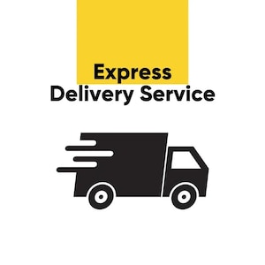 May include: A black and white graphic featuring a delivery truck silhouette. The text "Express Delivery Service" is displayed above the truck in black font, with a yellow background.