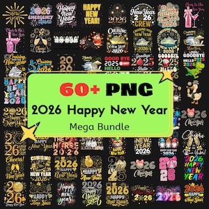 May include: A collection of digital graphics with a New Year theme. The designs include text such as "Happy New Year 2026", "Cruising into the New Year", and "Cheers to the New Year". The graphics are in various colors and styles, perfect for digital projects.