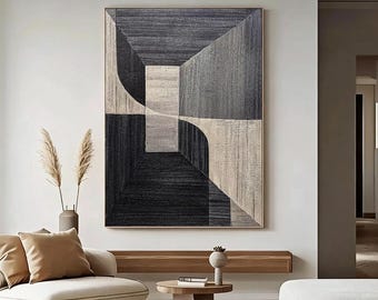 Minimalist Abstract Line Art, Black White Gray Geometric Painting, Spatial Depth Wall Art, Modern Monochrome Canvas Painting For Living Room