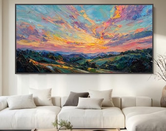 Origineel olieverfschilderij van een landschap, impasto-techniek, zonsondergang, gestructureerde bergheuvels op canvas.