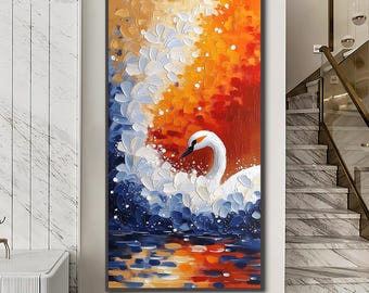 Elegant White Swan Oil Painting, Sunset Reflection on Water with Thick Impasto, Textured Bird Art, Handmade Modern Canvas Home Wall Decor