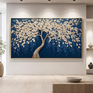 Blue White Tree of Life Painting, Luxury Leaf Texture Artwork, Modern Acrylic Canvas Art, Contemporary Royal Blue Tree Home Wall Art Decor