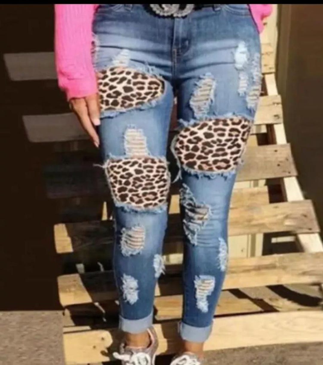 Cheetah Print Ripped Ripped Women's Leopard Print Patch High Waist Denim Pants - Etsy