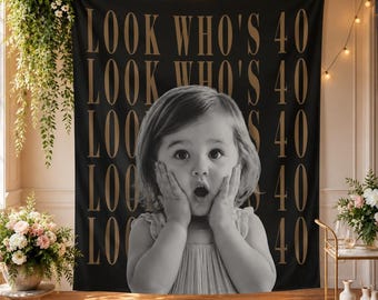 Custom Photo 40th Birthday Banner, Personalized 40th Birthday Backdrop, Birthday Tapestry, Look Who's 40 Vintage 40th Birthday Decor