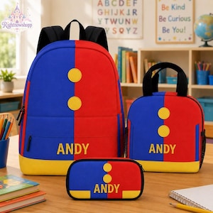 Individuell gestaltbares Pomni Circus Rucksack-Set, personalisierte Schultasche für Kleinkinder, Brotdose und Federmäppchen, Geschenk im Karneval-Stil für Kinder, Jungen und Mädchen