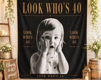 Personalized 40th Birthday Banner, Custom Photo 40th Birthday Backdrop, Vintage Look Who's 40 Birthday Tapestry, 40th Birthday Decor