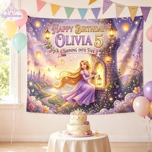 May include: A rectangular fabric backdrop featuring a princess with long blonde hair in a purple dress, a stone tower, floating lanterns, and the text Happy Birthday Olivia 5 Shining Into Five. The scene is decorated with colorful balloons and bunting.