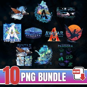 May include: A collection of ten PNG digital graphics featuring designs inspired by the movie Avatar. The designs include the word "Pandora" and images of creatures and landscapes from the film. The bundle includes a variety of colors, including blue, orange, and green.