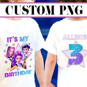 May include: White t-shirts with custom designs. The front shirt features the text "IT'S MY BIRTHDAY" and a graphic of three cartoon characters inside a star. The back of the shirt has the name "ALLISON" and the number "3" inside a star.