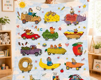 Richard Scarry Cars What Do People Do All Day Blanket, Rainbow Bus Blanket, Busytown Characters Throw, Children's Book Lover Gift