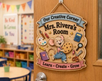 Letrero personalizado para la puerta del aula del profesor, placa de madera creativa y personalizada para la esquina, decoración para el aula con el nombre del profesor, colgador de puerta escolar con forma de ratón