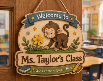 Letrero personalizado para la puerta del aula con diseño de mono, letrero colgante de madera con el nombre del maestro, decoración para aulas de preescolar, colgador de puerta escolar con diseño de animales de la selva.