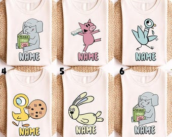 Camiseta personalizada con personajes de libros infantiles, camiseta de lectura personalizada, regalo de lectura con elefante, cerdito, paloma, conejo y pato, camiseta para grupos de profesores