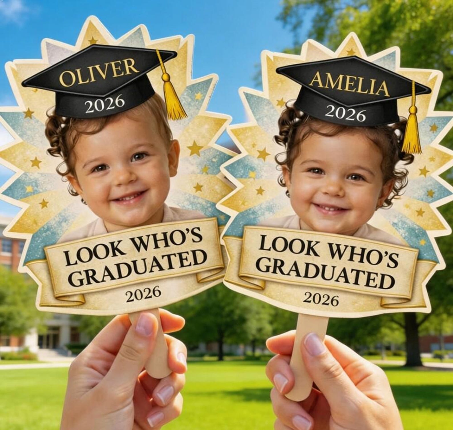 Grad Signs Handheld Custom Photo Grad Fan Wooden Hand Sign Class of 2026, Personalized ...