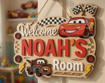 Personalized Racing Room Sign, Custom Wooden Name Plaque For Boys, Disneyworld Race Track Nursery Decor