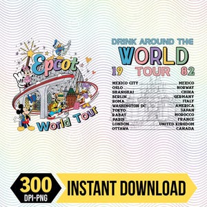 Może przedstawiać: Kolorowa grafika z postaciami Disneya na Epcot World Tour. Projekt zawiera tekst "Drink Around the World 19 Tour 82" oraz listę miast i krajów. Żółty baner na dole głosi "300 DPI-PNG INSTANT DOWNLOAD."