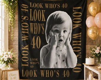 Custom Photo 40th Birthday Tapestry, Vintage Birthday Party Banner, Personalized Look Who's Backdrop For Any Age, Birthday Decor