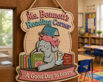 Letrero personalizado para puerta "Un buen día para aprender", letrero de madera con nombre personalizado inspirado en libros infantiles, regalo de decoración para el aula de profesores de lectura.
