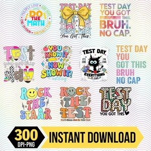 Può includere: Una collezione di design digitali colorati con testo a tema esame, tra cui frasi come "Test Day You Got This" e "Rock the Test". I design presentano vari font e grafiche, con un'etichetta "300 DPI-PNG".