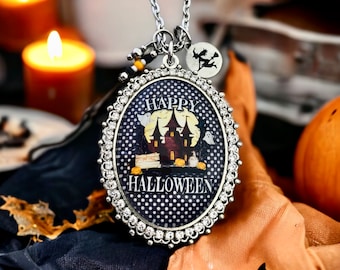 Happy Halloween Pendant Necklace – Witch Charm, Rhinestone Jewelry