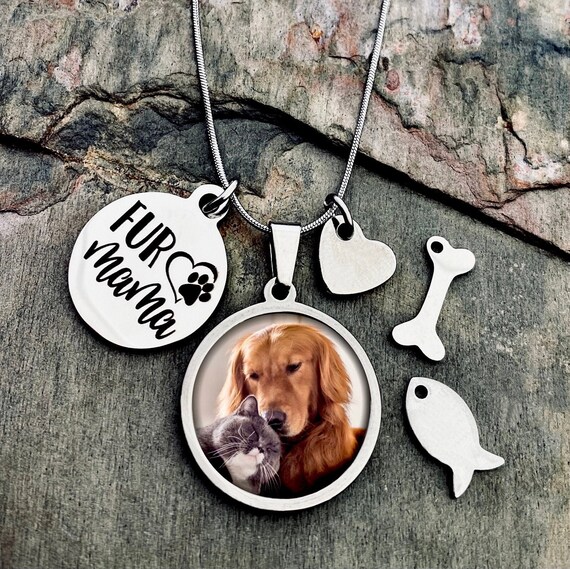 Pet Photo Keychain with Fur Mama Charm - Stainless Steel Pendants