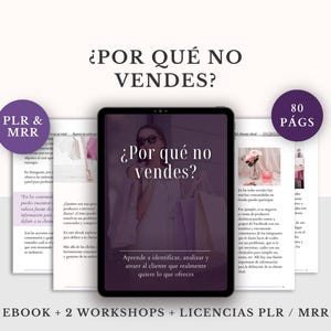 Puede incluir: Una tableta digital que muestra el texto "¿Por qué no vendes?" en un diseño morado y blanco. La imagen incluye el texto "EBOOK + 2 WORKSHOPS + LICENCIAS PLR / MRR" y "80 PÁGS". El fondo es de color morado claro.