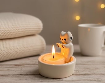 Portacandele in ceramica a forma di gatto – Zampe riscaldanti kawaii / Portacandele minimalista, accogliente decorazione da scrivania e regalo per gli amanti dei gatti