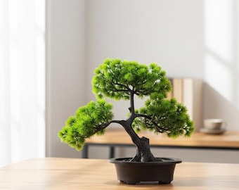 Artificial Bonsai Tree Faux Pine Plant Decor | Fake Desktop Office Plant | Indoor Evergreen Houseplant Ornament | Low Maintenance Home Decor
