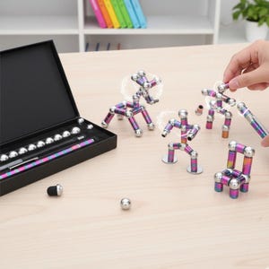 May include: A black box set containing a magnetic pen, silver magnetic balls, and a pen cap. Several magnetic figures are assembled on a light wood surface. The figures are made of silver spheres and iridescent rods, creating a colorful, playful design.