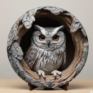 Peut inclure: Sculpture détaillée d'un hibou aux grands yeux ambrés, perché à l'intérieur d'un tronc d'arbre circulaire et texturé. Les plumes du hibou sont blanches et grises, avec des détails complexes. La sculpture est montée sur un socle en bois.