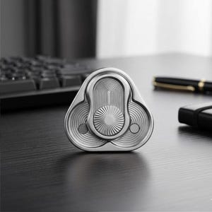 Puede incluir: Un fidget spinner plateado con un diseño triangular único. El spinner presenta un elemento circular central con líneas radiales y dos elementos circulares más pequeños a cada lado. En el fondo se ven un teclado, un bolígrafo y un encendedor.