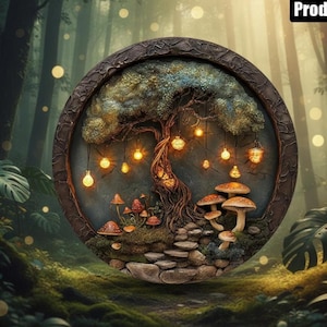 Peut inclure: Une œuvre d'art circulaire encadrée représentant une scène de forêt fantaisiste. Un arbre détaillé avec des lumières suspendues surplombe des champignons et un sentier en pierre. L'œuvre est placée sur un fond de forêt flou, créant une ambiance magique.