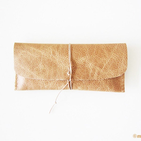 Beige Leather Pencil Pouch ON SALE 35 instead of 50  "L'amandine", almond, light brown, hand stitched, cuir, pen case, rustic, textured, 3x8