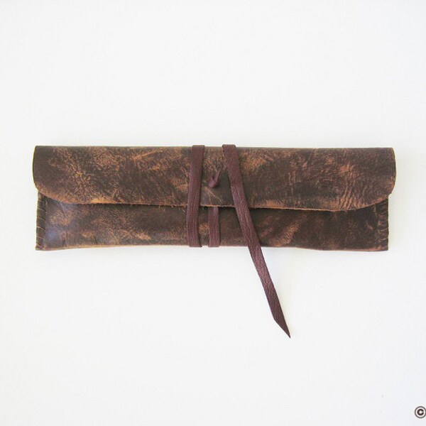 The Paperbark Maple - rugged, dark brown leather, pencil, distressed, marked, textured, hand stitched, nature, earthy, rustic, 3x10