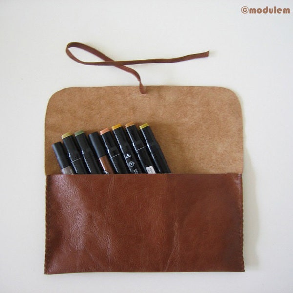Rustic Toffee Brown Leather Pencil Pouch, cognac, reddish brown, hand stitched, earth colour, pencil case, handmade, sienna, 5x10
