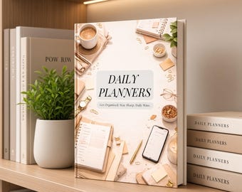 May include: A hardcover book titled DAILY PLANNERS with the subtitle Get Organised, Stay Sharp, Daily Wins. The cover features a flat-lay photograph of a desk with a coffee mug, a smartphone, a pen, a watch, and stationery items.