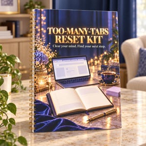 Puede incluir: Un cuaderno de espiral titulado TOO-MANY-TABS RESET KIT Clear your mind. Find your next step. La portada muestra un portátil, una agenda abierta, un bolígrafo dorado, una taza azul y notas adhesivas moradas sobre mármol.