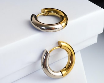 Two Tone Hoops, Gold Silver Huggie Earrings in 316L Surgical Steel