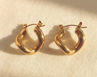 Twisted Gold Hinged Hoop Earrings, 316L Surgical Steel with 18K PVD Finish