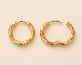 Hypoallergenic Hoop Earrings, 316L Surgical Steel Twisted Huggies in Gold or Silver