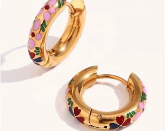 316L Surgical Steel Pink Enamel Huggies Thick Floral Hoop Earrings 18K Gold Plated Hypoallergenic