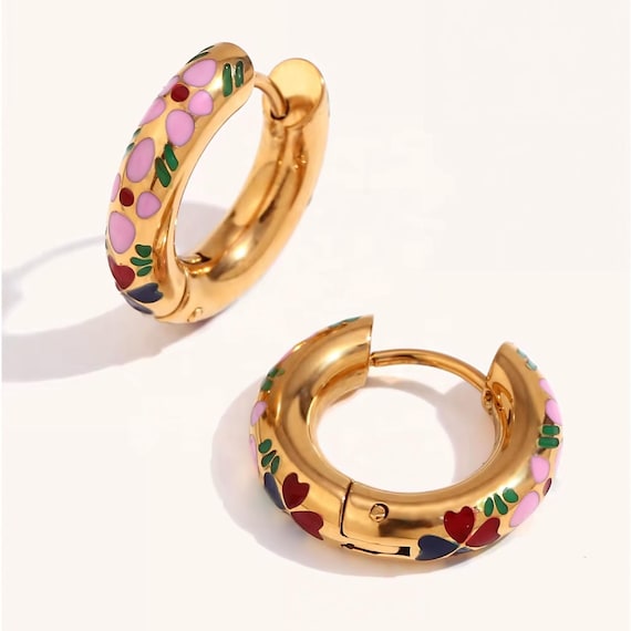 316L Surgical Steel Pink Enamel Huggies Thick Floral Hoop Earrings 18K Gold Plated Hypoallergenic