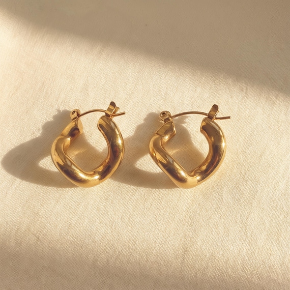 Twisted Gold Hinged Hoop Earrings, 316L Surgical Steel with 18K PVD Finish