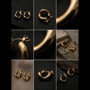 A grid of nine close-up images shows gold-colored, twisted, hinged hoop earrings from various angles and distances on dark and light gray surfaces.