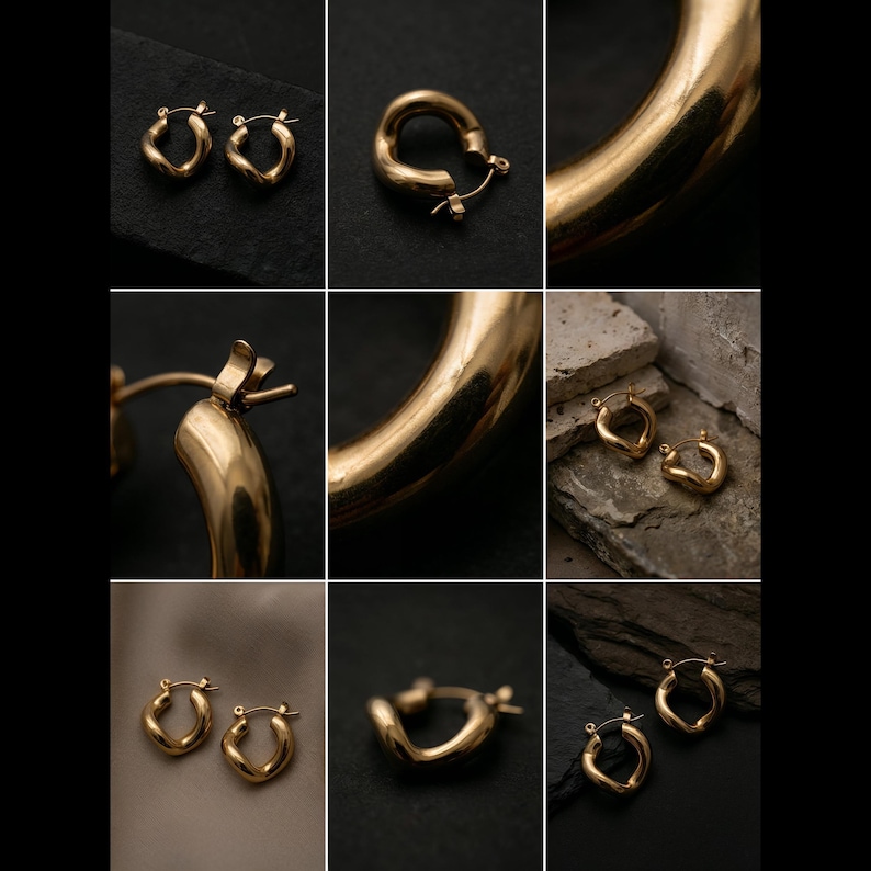 A grid of nine close-up images shows gold-colored, twisted, hinged hoop earrings from various angles and distances on dark and light gray surfaces.