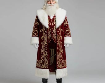 May include: A Santa Claus costume featuring a long, burgundy velvet coat with gold embroidered detailing. The coat has white faux fur trim on the collar, cuffs, and hem. The outfit includes a matching hat, vest, and black boots. The costume is designed for a festive holiday appearance.